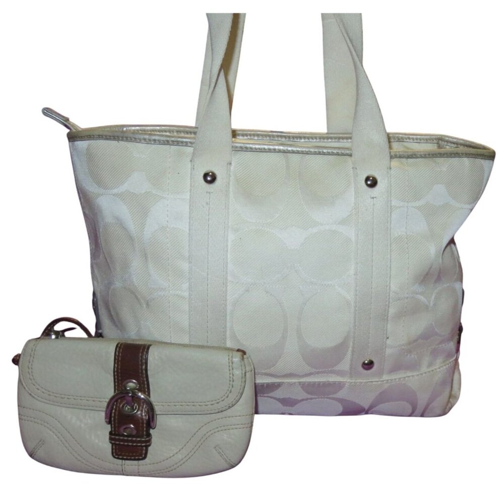 Coach 2012 Kyra Signature White & Silver Nylon & Leather Tote & Wristlet Set